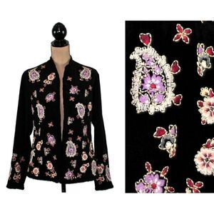 Coldwater Creek Paisley Black Embroidered Open Style Ultrasuede Jacket Blazer 2X